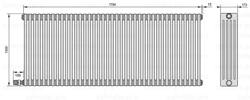 Схема (чертеж) Радиатор Zehnder Charleston 5150/39 №V003 Белый глянцевый RAL 9016